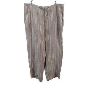 L.L. Bean Women's 14 Reg 100% Linen Cropped Wide Leg Tie Pants Pockets Stripes